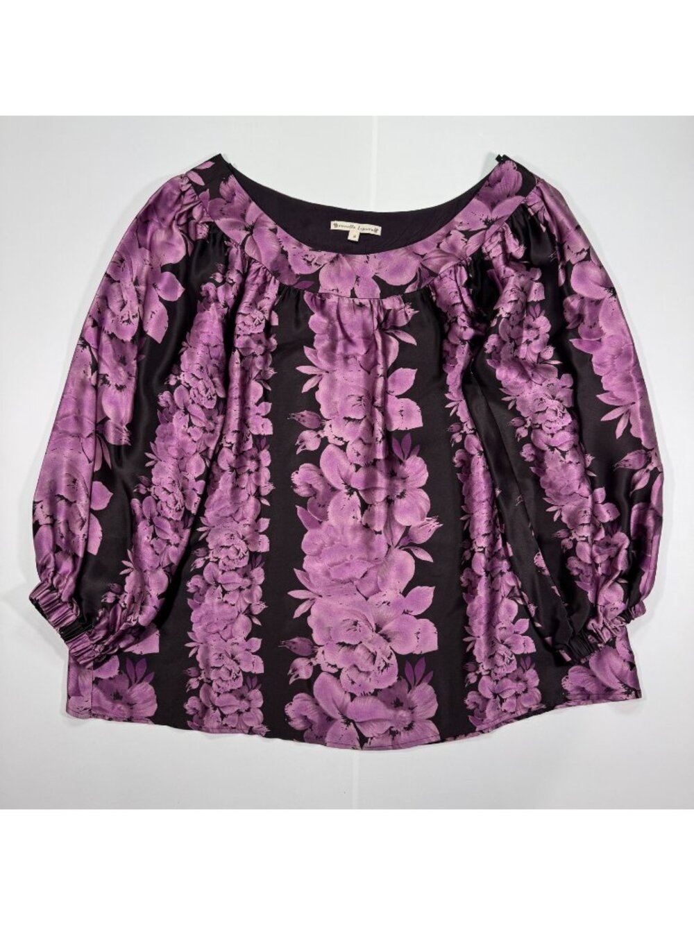 Vintage Nanette Lepore Blouse Top Women's 10 Purple Floral Silk Puff Sleeve USA
